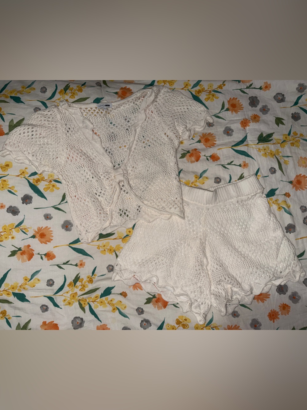 White Knit Two-Piece Set - Crochet Top & Shorts